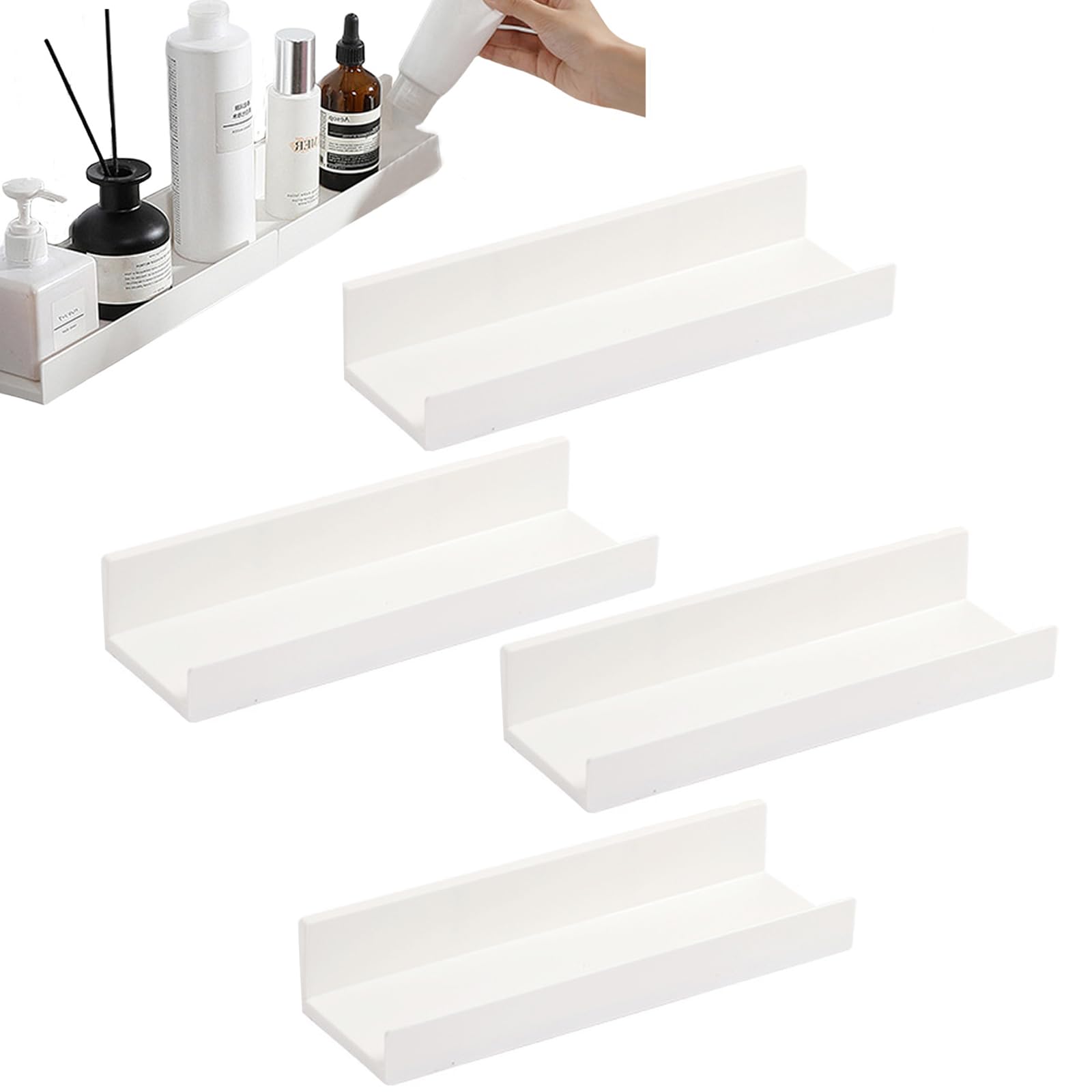Kaizuca 4 Pack Floating Shelves White, Wall Mounted Self Adhesive Bathroom Shelves, No Drill Storage Shelves for Kitchen, Bathroom, Living Room, Bedroom,Office