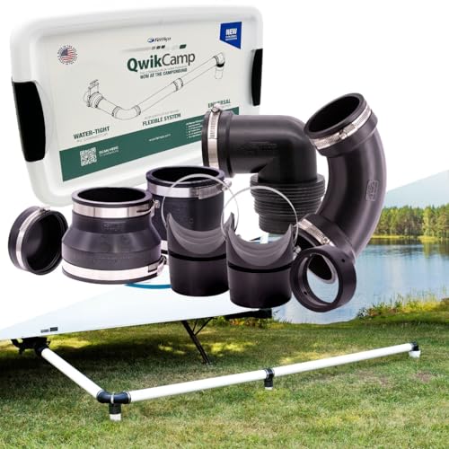 Image of Fernco QwikCamp RV and Camper Sewer Waste Plumbing Connection System Kit with Slip Fit Coupling Adapter for 3-in. PVC Pipe and Pipe Stands (Black)