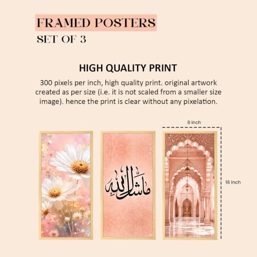 Image of PAINTINGMANTRA Islamic wall decor items, Set of 3 Mashallah Arabic Calligraphy Framed Poster Pink Floral Daisy Mosque Arch Muslim Ramadan Eid Gift & Home Decor (Size: 8x18 Inch)