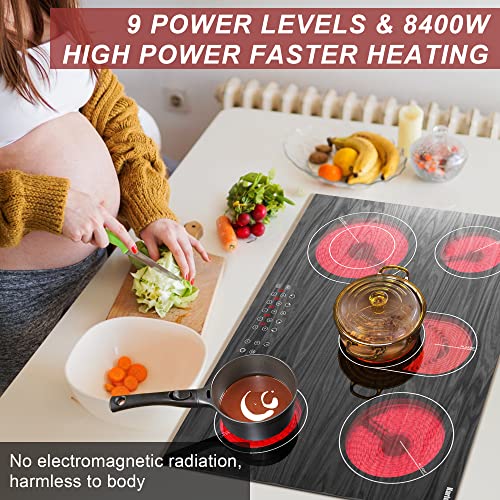 Karinear Electric Cooktop 30", Drop-in Electric StoveTop 5 Burners Ceramic Cooktop with Wooden Pattern, 8400W, 220~240V, No Outlet Plug, Glass Cooktop