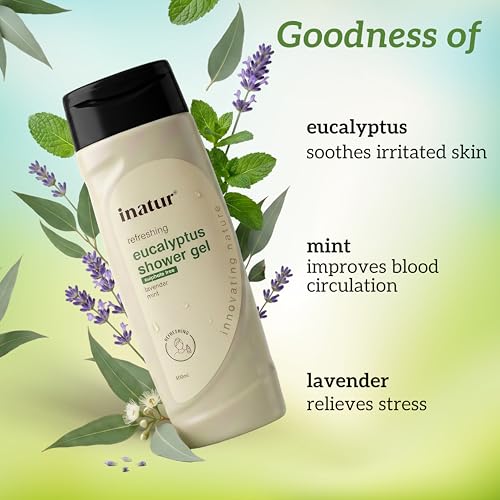 Image of inatur Eucalyptus Shower Gel | With Mint & Lavender | Refreshing & Nourishing | Helps Relieves Stress & Relaxation | Gentle Sulfate-Free Body Wash for Men & Women | Ideal for All Skin Types | 400ml