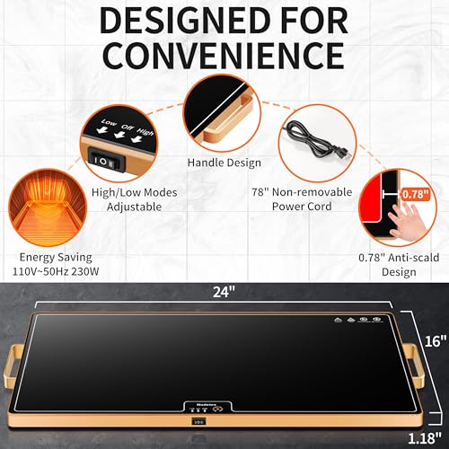 Image of Food Warming Mat (XL 24 inchx16 inch), Food Warmers for Parties Buffet and Daily Use, Full Surface Warm Evenly Electric Warming Tray with Button Temperature Control, Gold Handles Warming Mat for Food, Black