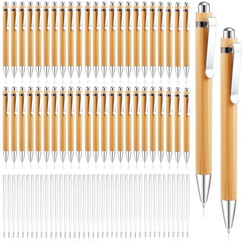 CLRBEATTY 50 Pcs Bamboo Pens Bulk,Wooden Retractable Ballpoint Pens,Bamboo Ballpoint Pen With 50 Refills for Writing,1.0mm Black Ink Pens Wood Ballpoint Pen for Journal School Office Supplies