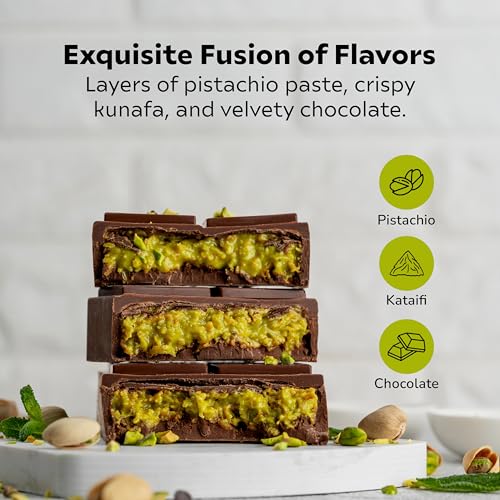 Dubai Pistachio Kunafa Chocolate Bar (100 gm) made with milk chocolate outer shell filled with crispy kunafa & smooth pistachio cream, Perfect for Celebration with a fusion of Luxury & Tradition