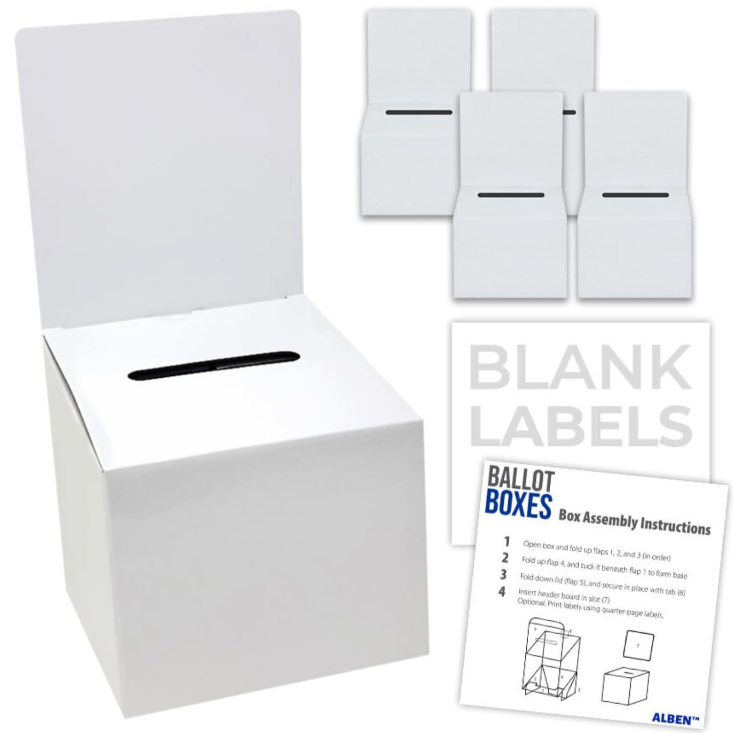 ALBEN White Glossy 6x6x6 Ivory Cardboard Ballot Boxes (4 Pack) - Versatile Raffle Ticket Box, Suggestion & Donation Boxes, Removable Header, Slot for Tickets & More