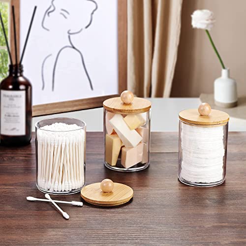 Qtip Dispenser Apothecary Jars With Bamboo Lids - Clear Plastic Vanity Makeup Organizer Storage Canister - Bathroom Accessories For Q-Tips, Cotton Swab, Cotton Ball, Cotton Rounds, Floss (3) #TOP1