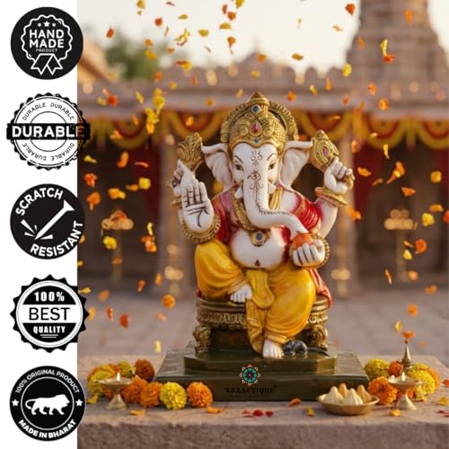 Image of Marble Lord Ganesha Idol on Singhasan - 7 Inch Multicolor Glossy Ganpati Murti for Home Pooja Room, Decorative Showpiece & Gift (13x10x18 cm)