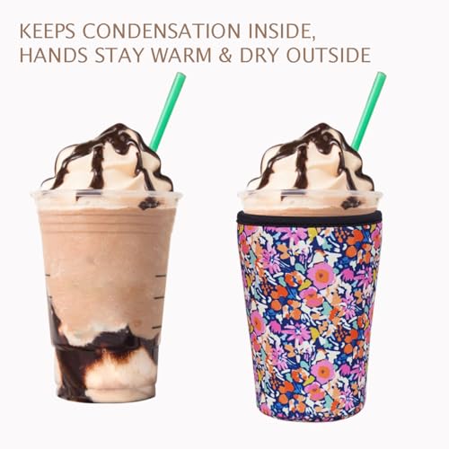 Image of Reusable Insulated Neoprene Iced Coffee Cup Sleeve, Durable Drink Sleeve for Cold Beverages, Beverage Holder for Iced Coffee (Bloom Frenzy)