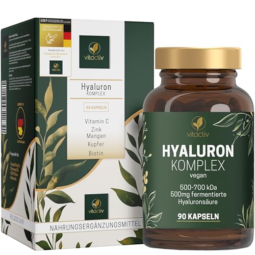 VITACTIV Hyaluron Komplex - Hyaluron Kapseln Hochdosiert, 500 mg Hyaluronsäure - 500-700 kDa, Vegan - Mit Vitamin C, Zink, Mangan, Kupfer, Biotin u.v.m. - Laborgeprüft, aus DE - 90 Stück (3 Monate)