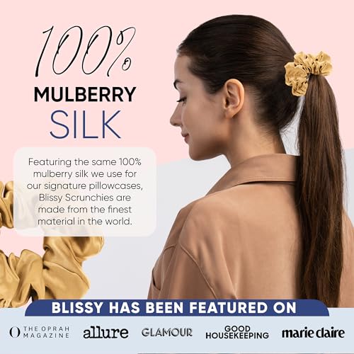 Image of Blissy Silk Scrunchies (3 Pack) - 100% Pure Mulberry Silk - 22 Momme 6A High-Grade Fibers Scrunchie for Straight & Curly Hair - Preventing Breakage, Tangling, & Creasing (Gold Regular)