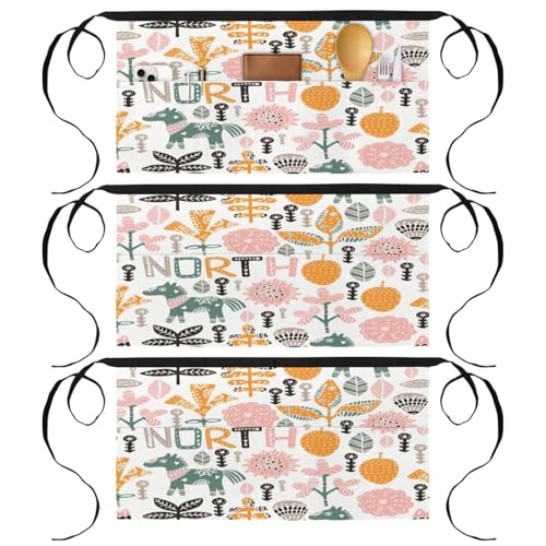 Tablier court de chef lot de 3 avec 3 poches pour cuisine et bistrot motif floral