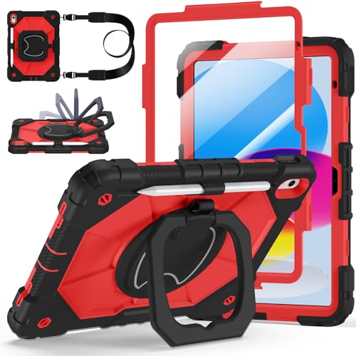 Case for iPad A16 11th/10th Generation 11 inch/10.9 inch 2025/2022, Ubearkk for iPad a16 case with Screen Protector, 360 Degree Rotating Stand Shoulder Strap Pencil Holder, Black Red