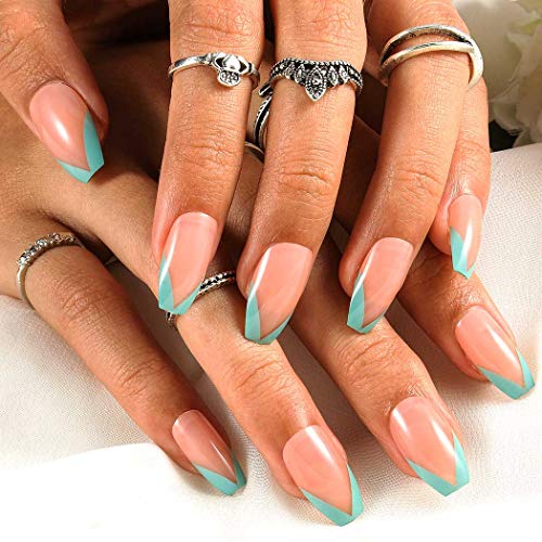 Bmadge V Shape French Press on Nails Pink Glossy Coffin Fake Nails Medium Ballerina Full Cover Acrylic False Nails Tips for Women and Girls 24Pcs (Style C)