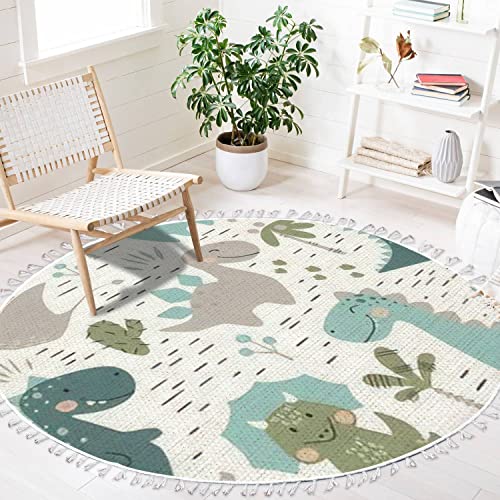 Dnewynpabv Round Rugs Dinosaur Baby Boy Childish Sweet Dino With Palm And Cactus Boho Area Rug Linen And Cotton Carpet Meditation Rug Washable Hallway Runner Mat Accent Rug For Bedroom Bathroom 4Ft #TOP4