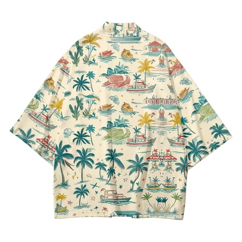 Image of DOSLAVIDA Men's Japanese Kimono Jacket Set Stylish Open Front Coat With Shorts Chinese Style Printed Cardigan Suit