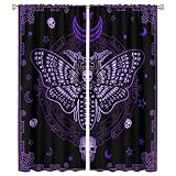 Gothic Curtain,Purple Moths Moon Skull Blackout Curtain,Halloween Rod Pocket Window Drapes for Kid T