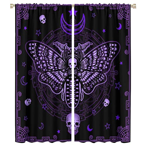 Gothic Curtain,Purple Moths Moon Skull Blackout Curtain,Halloween Rod Pocket Window Drapes For Kid Teen Boy Bedroom Home Decor,Theme Darkening Window Curtain For Living Room Kitchen 2 Panel 42X54 Inch #TOP28