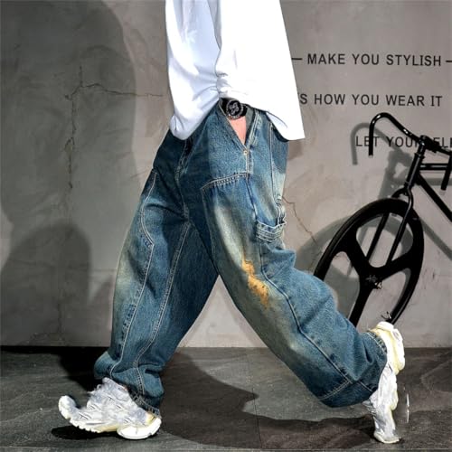 Men’S Vintage Hip Hop Ripped Loose Straight Leg Denim Cargo Pants Slim Fit Full Length Button Fly Distressed Streetwear3