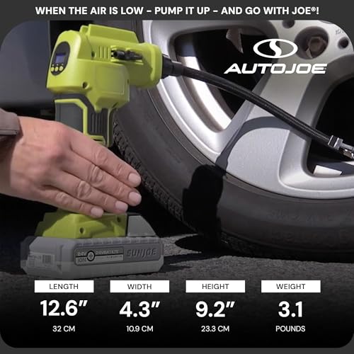 Image of Sun Joe Cordless Tire Air Inflator and Compressor Kit w / 2.0-Ah Battery, Charger and Nozzle Adapters - Portable Battery-Powered Inflating Tool for Car Wheels, Pools, and Bikes, IONMAX 24V-AJC-LTE