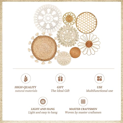 Boho Wall Basket Decor Set of 8 - Flat Woven Basket Wall Hanging Decor,Round Tassels White Macrame Tapestry Wall Decor Art,Handmade Rattan Wicker Seagrass Home Wall Baskets Decor(Boho Classic) - Image 4