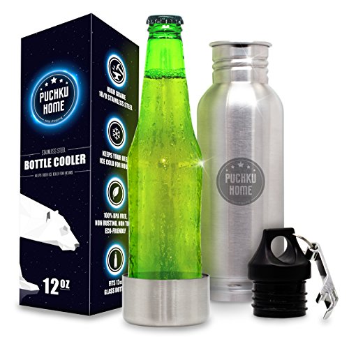 Stainless Steel Beer Bottle Cooler Keeper Insulator with Bottle Opener Gift - Fits Most 12-Ounce Glass Bottles to Keep Beer or Carbonated Drinks Cold for a Long Time + Metal Bottle Opener