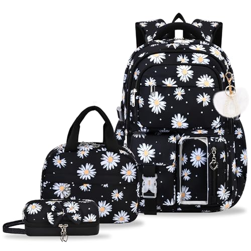 PIKBEAR Girls Backpack Set with Lunch Box & Pencil Case Floral Print Girls School Backpack for Elementary/Middle/High School (Black-Daisy)