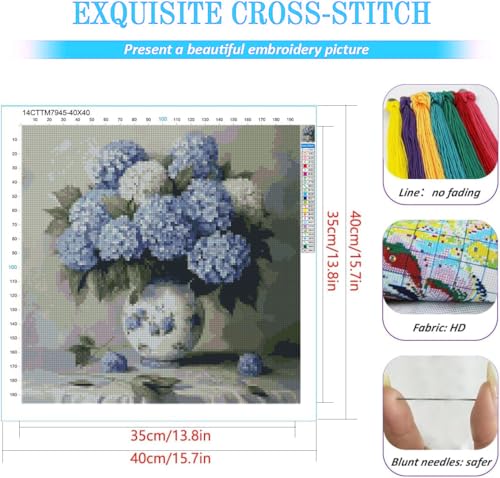 Image of KYOQFVN Flowers Stamped Cross Stitch Kits - Hydrangea Counted Cross Stitch Kits for Beginners, Needlepoint Cross-Stitch Patterns Embroidery Kits for Home Decor 14x14 Inch