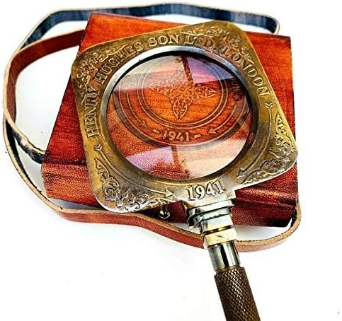 Antique Brass Henry Hughes & Sons Magnifying Glass Leather Case Table Decor Magnifier Office Decor