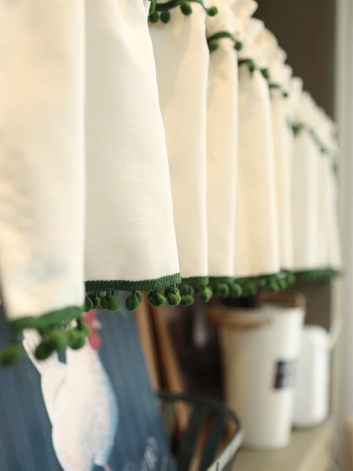 A.Monamour Short Curtain for Small Window Beige Cotton and Linen with Green Pom Poms Window Treatment Valance Window Panel Drapes Half Curtain for Kitchen Café Bedroom Cabinet Curtain Door Curtain