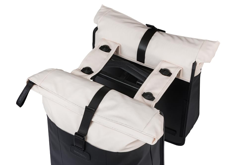 Basil Vive Podwójna torba rowerowa na bagażnik – 28-35 l – z płytą adaptera MIK – wodoszczelna, odblaskowa, wykonana z materiału z recyklingu, 30 x 14 x 38 cm, biała/czarna