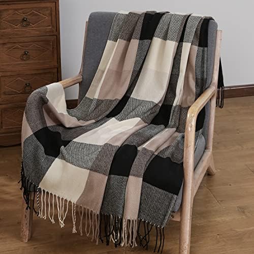 Buffalo Plaid Throw Blanket for Couch - Farmhouse Check Style - Soft Cozy Lightweight with Tassels for Bed Sofa Living Room Home Office Outdoor - 50 x 60 Inches - Black / Brown