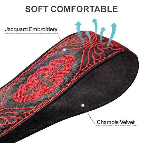 Image of Padwa Lifestyle Camera Strap - 2 inch Full Grain Leather Ends Camera Straps for Photographers, Vintage Red Embroidered Cotton Weave Soft Suede Fabric Padded Strap Quick Release fits All Cameras