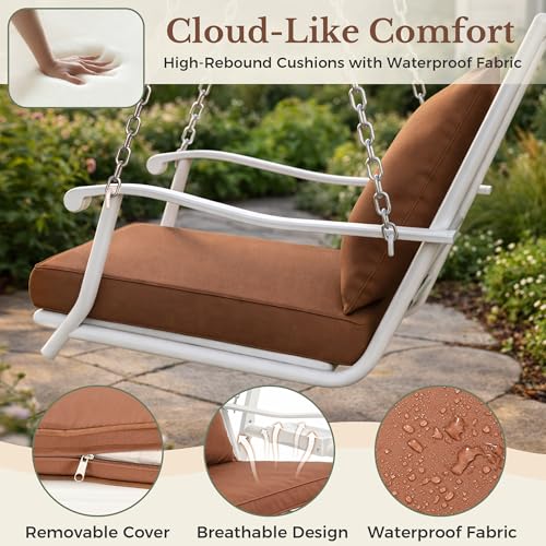Image of Pamapic Porch Swing with Stand, 350lbs Heavy-Duty Metal Frame Outdoor Swing for Adults with Dual Side Trays, Adjustable Chains, Zippered Removable Cushion for Balcony, Backyard, Garden, White