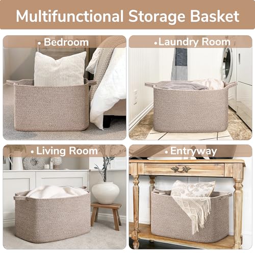 Goodpick Blanket Basket, Woven Baskets for Storage, Extra Large Storage Basket for Clothes, Toys, Dirty Clothes Basket for Laundry, Living Room, 23.6" x 15.7" x 13.8", Brown, 85L