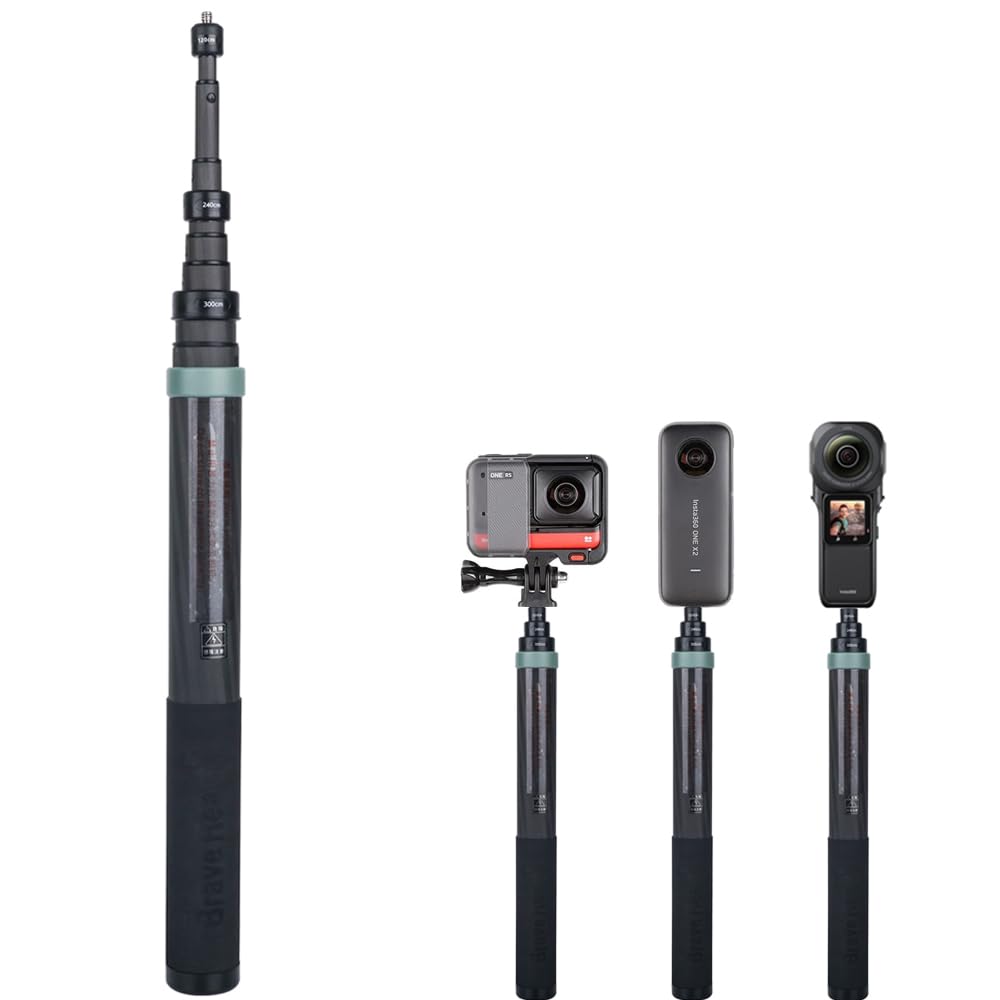 36cm to 3m Carbon Fiber Extendable Invisible Carbon Fiber Selfie Stick for Insta360 Insta 360 ONE X3 X2 ONE RS ONE R ONE X Accessories (Green)