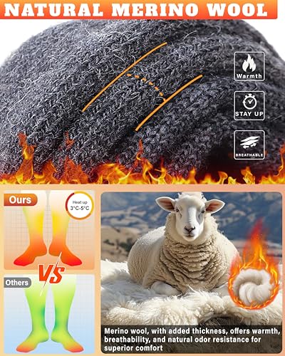 Image of Hylaea Merino Wool Ski Socks, Cold Weather Socks for Snowboarding, Snow, Winter, Thermal Knee-high Warm Socks, Hunting