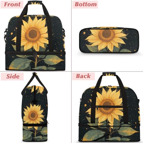 Yellow Sunflower Sports Gym Duffel Bag for Men Women Floral Black with Shoe Compartment Weekender Overnight Bags Travel Bag Carry on Backpack for Swim Fitness Workout3