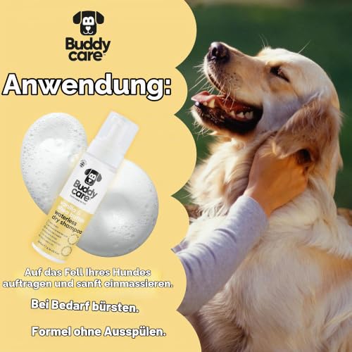 Buddycare Trockenshampoo für Hunde (200 ml) | Vanille & Sheabutter – Trockenshampoo für Hunde mit empfindlicher Haut | Natürlich, einfach anzuwenden für EIN frisches, sauberes Fell