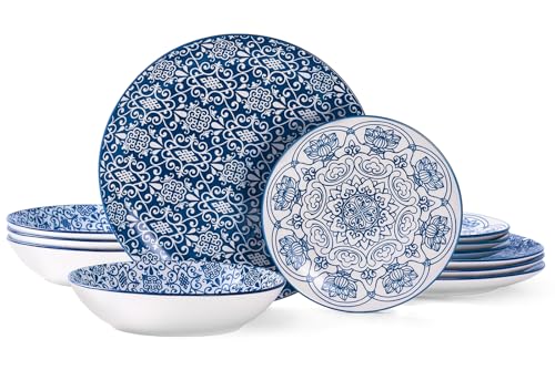 Image of Bestone Porcelain Dinnerware Sets Service for 4, 12 pcs Hand drawn Plates and Bowls Sets, Handmade Ceramic Dish Set, Chip Resistant Modern Plate Set, Dishwasher /Microwave Safe，Vintage Blue
