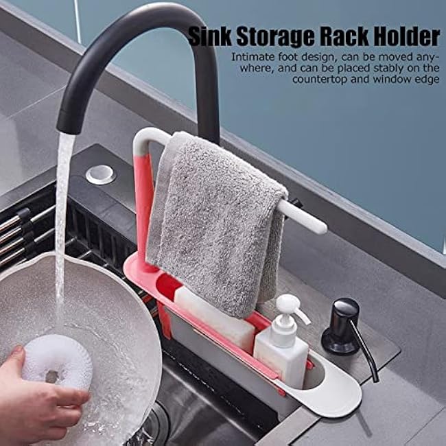 Telescopic Sink Storage Rack Holder,2-in-1 Sink Storage Rack Holder Kitchen Over Sink Organizer with Towel Hanger Expandable Sink Organizer for Kitchen Sink (Red)