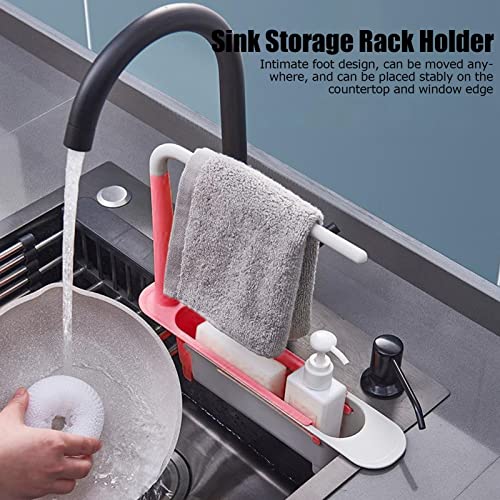 Organizador extensible telescópico para fregadero de cocina, con barra para toallas, porta esponjas, ventilación y drenaje, fácil instalación (Rojo) miniatura 2