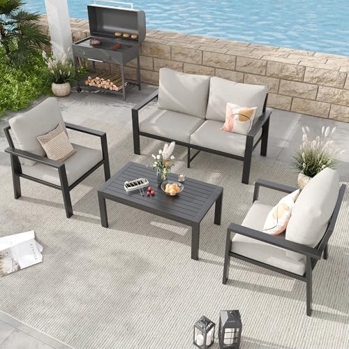 VONZOY Aluminum Patio Furniture Sets Metal Outdoor Furniture Set with Cushion All-Weather Sectional Sofa with Coffee Table for for Backyard Garden and Poolside Easy Assembly(Beige)