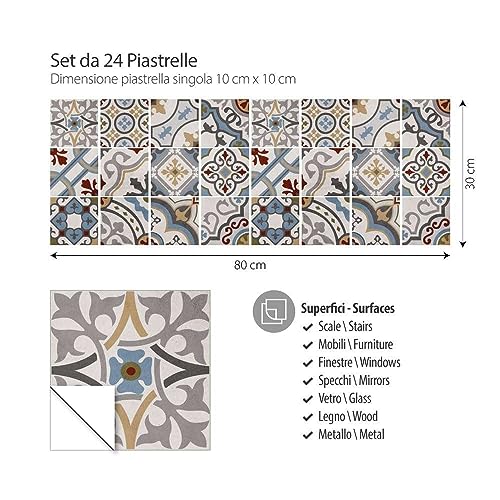 RE-COVERTILES - Adesivi per Piastrelle Bagno e Cucina 24 Pz 10x10 cm - PS00171 Decorazione murale in PVC impermeabile mattonelle mosaico stile cementine Azulejos