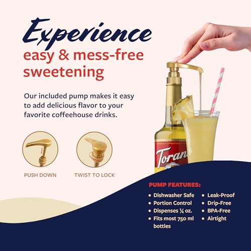 Image of Torani Pineapple Syrup for Drinks, Flavoring for Iced Tea, Lemonade, Sodas, and Cocktails, Glass Bottle with Pump Included, 25.4 Fl Oz