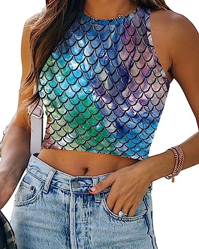 Eciodci Women's Mermaid Print Crop Tank Tops Fish Scale 3D Printed Soft Summer Sleeveless Crop Top
