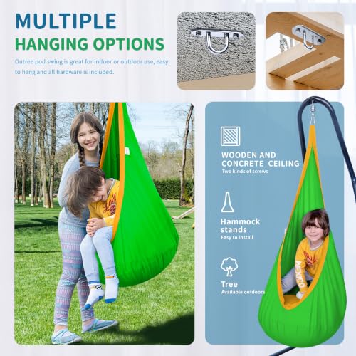 Image of OUTREE Kids Pod Swing Seat, Cotton Child Hammock Swing Chair,Sensory Swing for Indoor and Outdoor Use,Green and Yellow