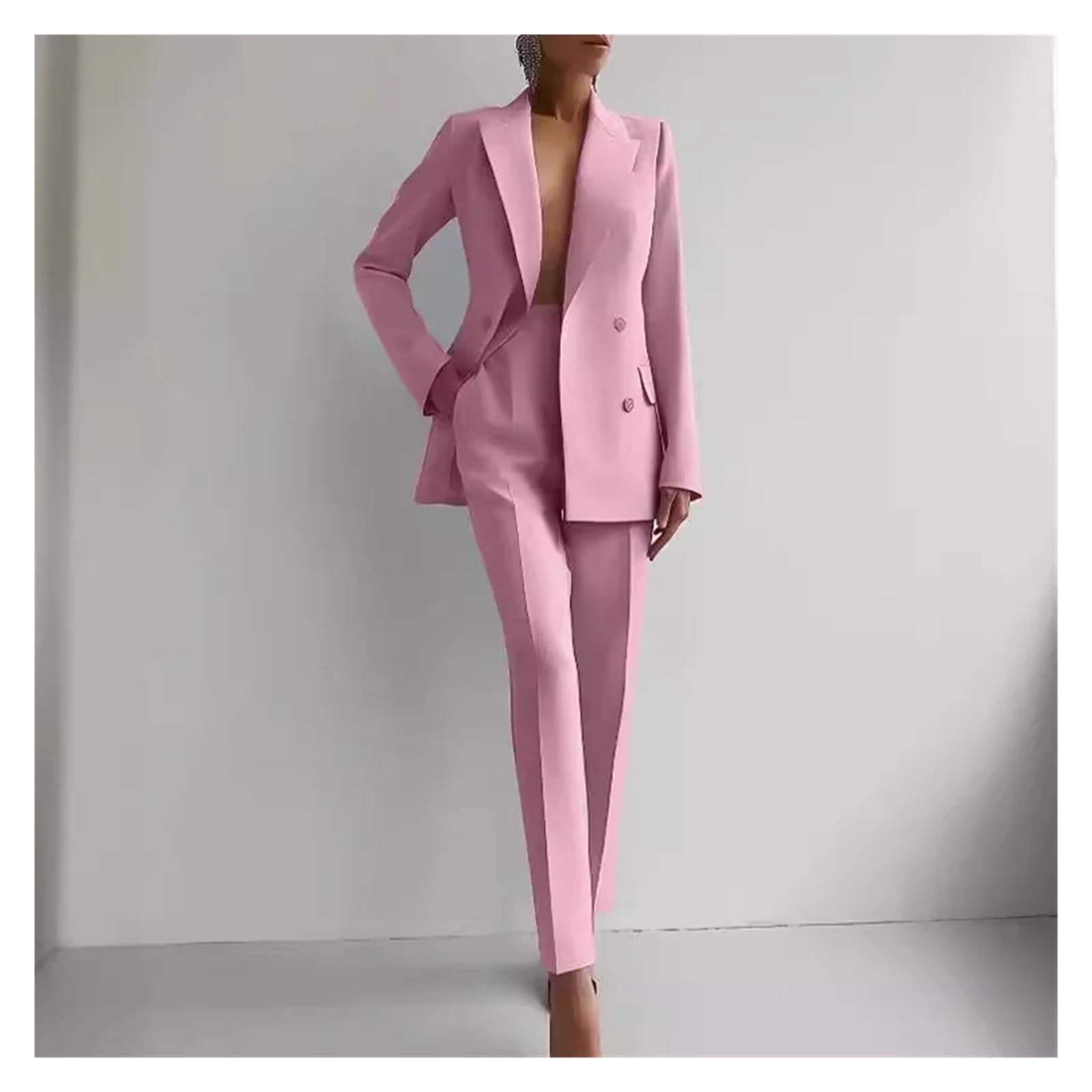 Tailleur Pantalone Donna Blazer Doppiopetto Lunghezza Caviglia Pantaloni a Matita Due Pezzi Tinta Unita Ufficio Estate vestibilità Slim