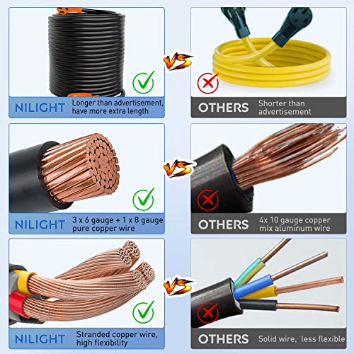 Image of Nilight 50 Amp 100FT RV EV Extension Cord 250V Heavy Duty 6 /3+8 /1 Gauge Pure Copper STW Wire UL ETL Listed 4 Prong Nema14-50P 14-50R 50F /50M Cable Suit for RVs EVs Trailer Campers