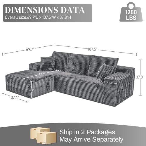 Image of 108 inch Boneless Couches for Living Room, L Shaped Comfy Cloud Modular Sectional Memory Foam Deep Seat Boneless Couch, No Assembly Required Boneless Sofa for Living Room with Left Facing Chaise, Grey