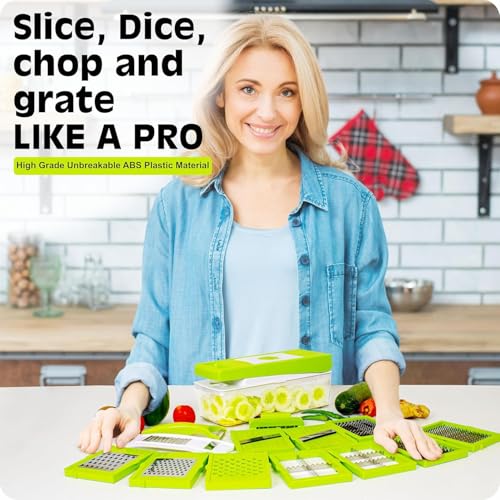 Image of Tekcool 15 in 1 Multipurpose Chopper, Fruits & Vegetable Cutters, Grater Peeler Chipser, Unbreakable Food Grade Body, Easy Push to Clean Button Slicer Dicer, Chopper for Kitchen (Green, Plastic)